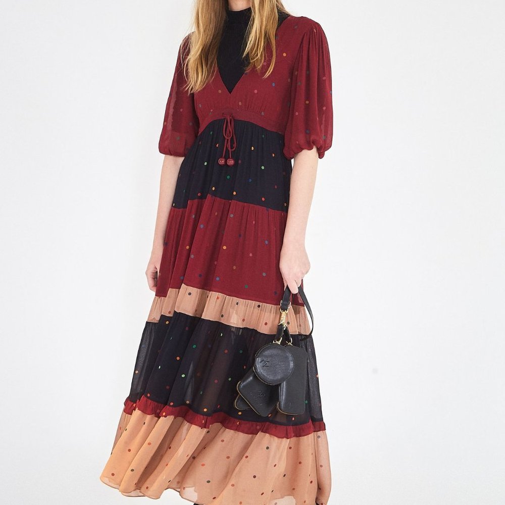 Farm Rio Multi Dot Ruffle Prairie Maxi Dress